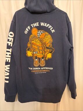 Vans Navy Hoodie with Orange Logo and White Sleeve Text van doren approved